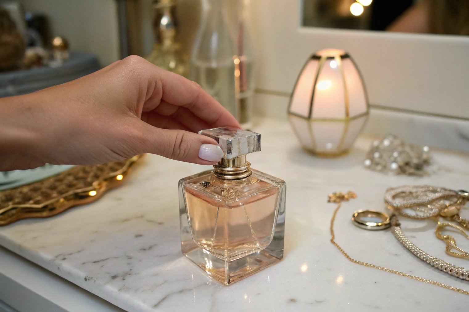 Hand lifting the crystal cap from a square perfume bottle on a vanity surrounded by jewelry