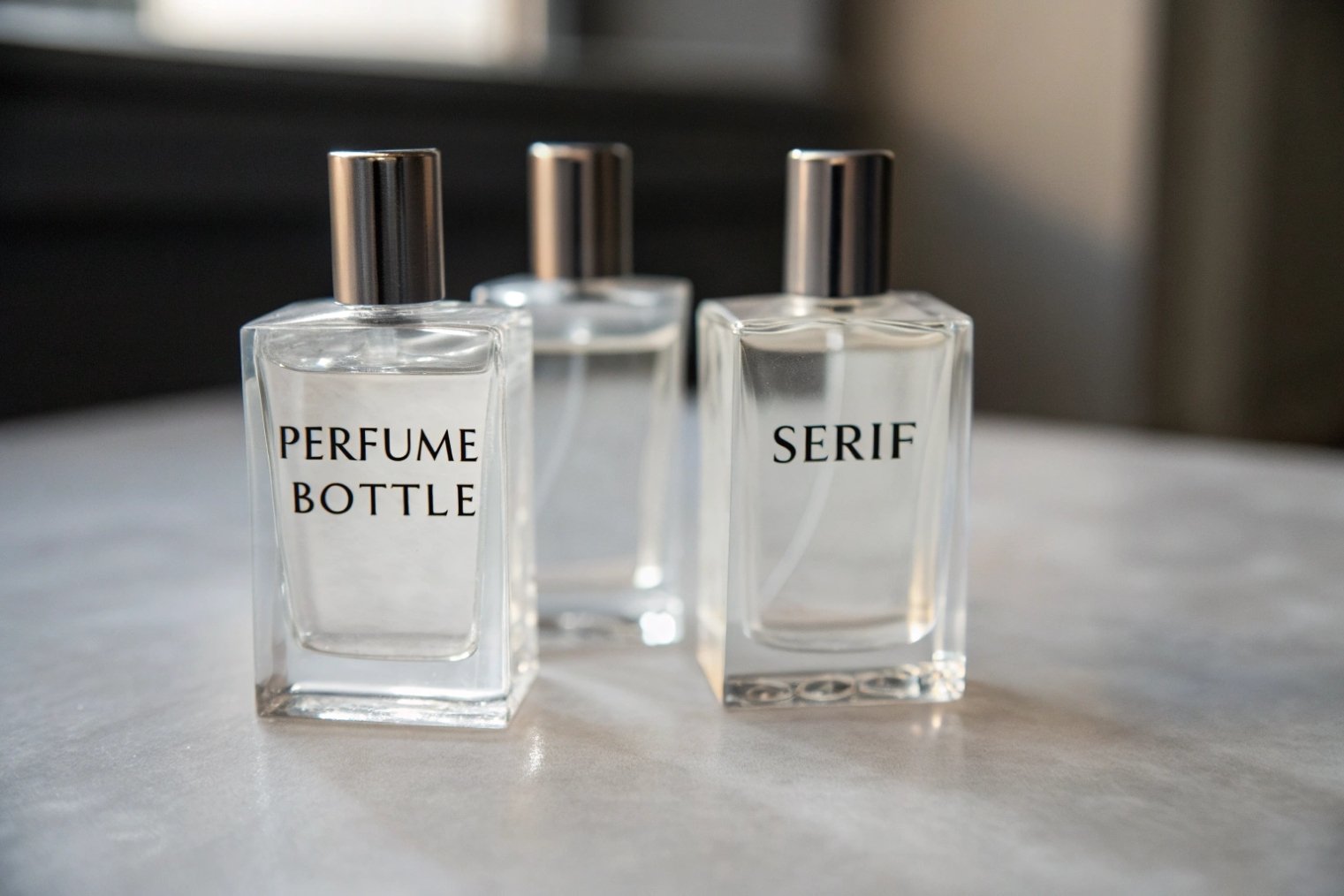 Minimalist clear glass perfume bottles with serif logo printing.