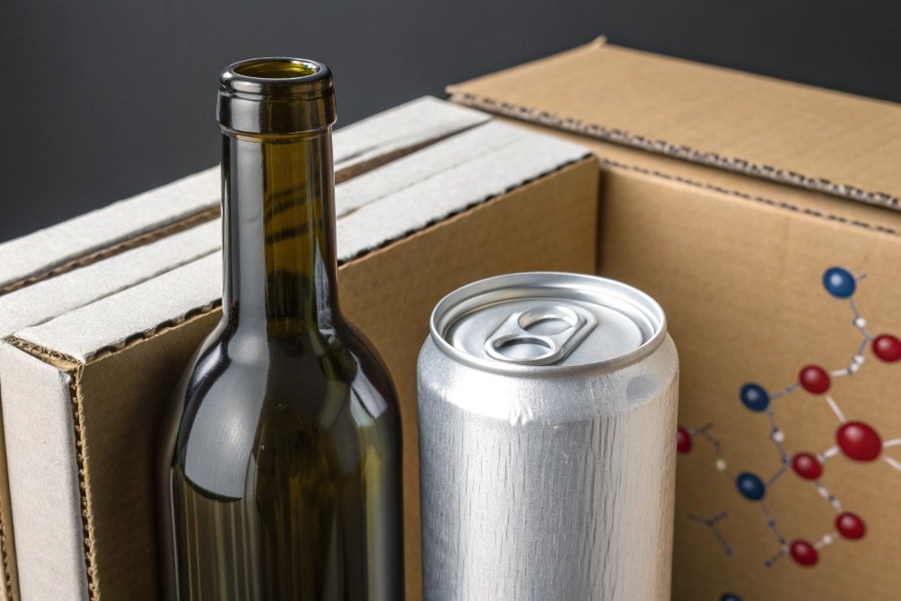 Brown glass bottle and aluminum can standing between protective cardboard shipping boxes