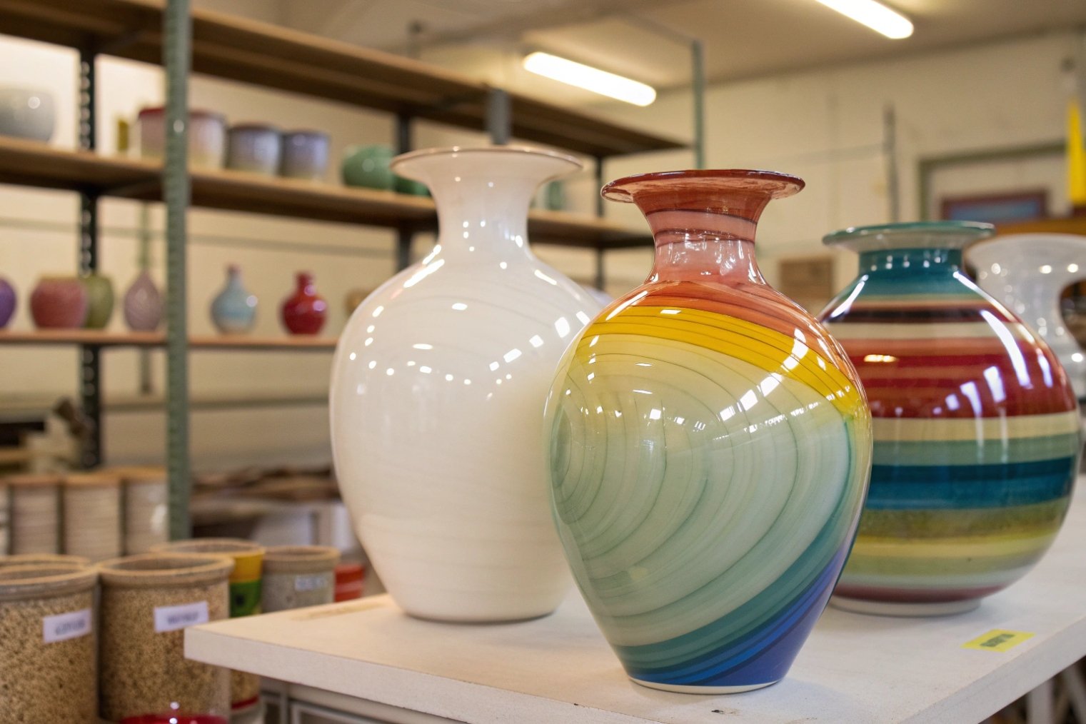 Colorful handblown glass vases with rainbow stripes displayed in studio showroom