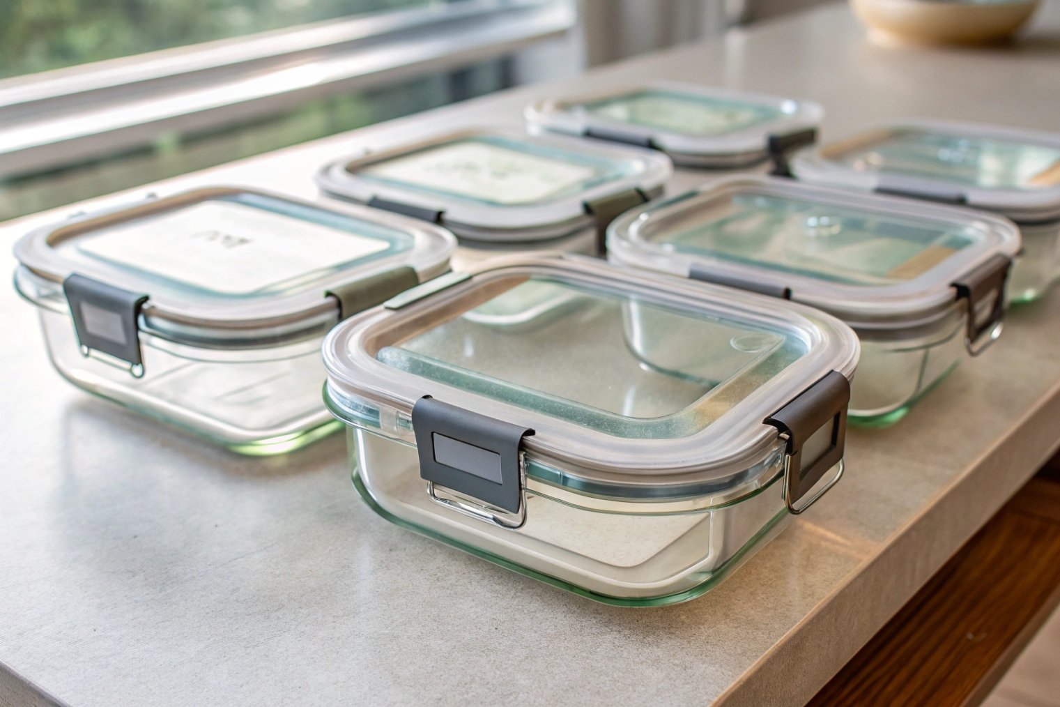 Row of empty rectangular glass food storage containers with airtight locking lids