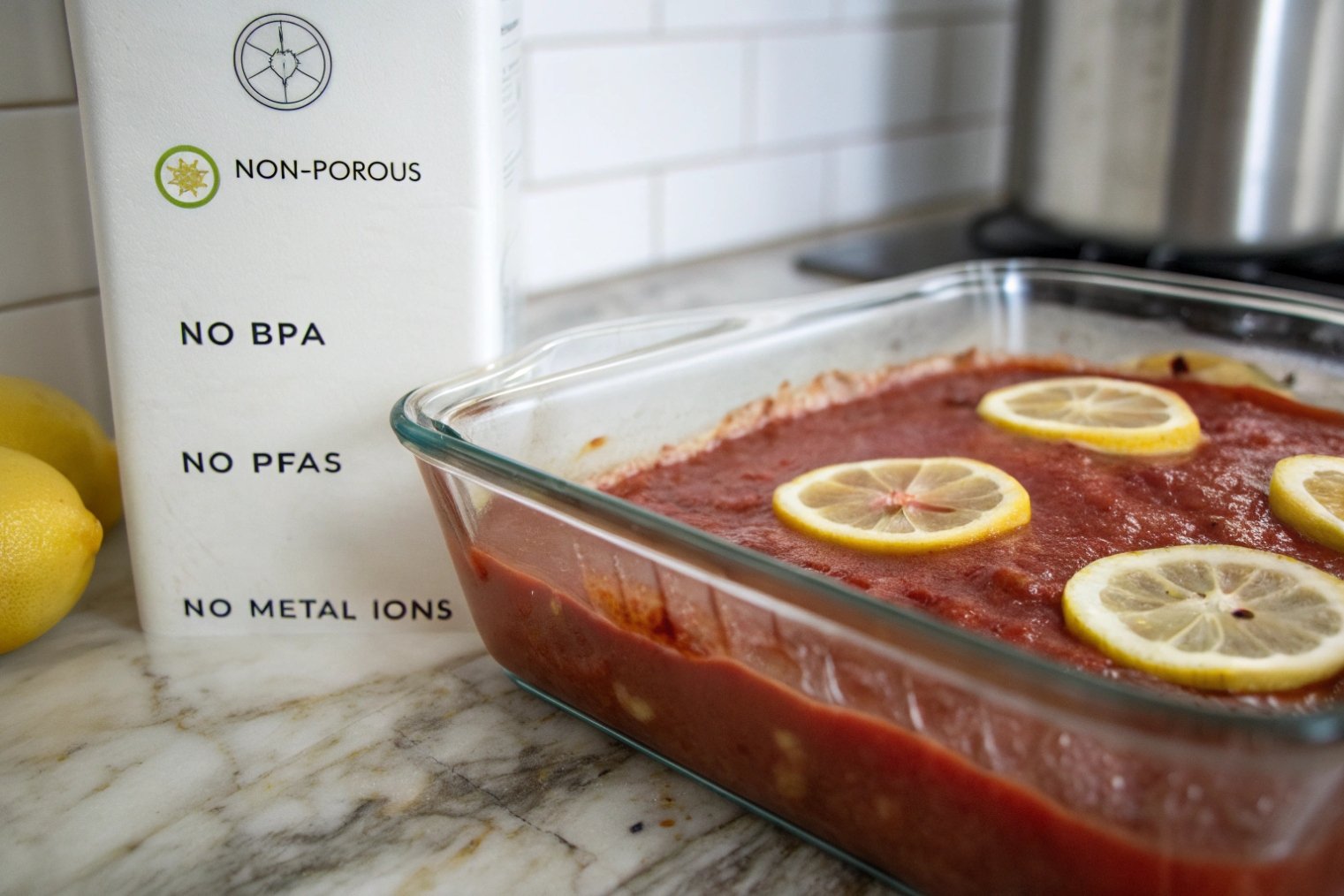 Non porous borosilicate glass pan baking tomato sauce with lemon slices