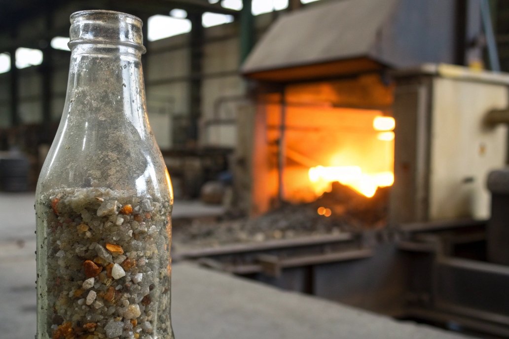 Glass bottle with raw materials before melting in factory