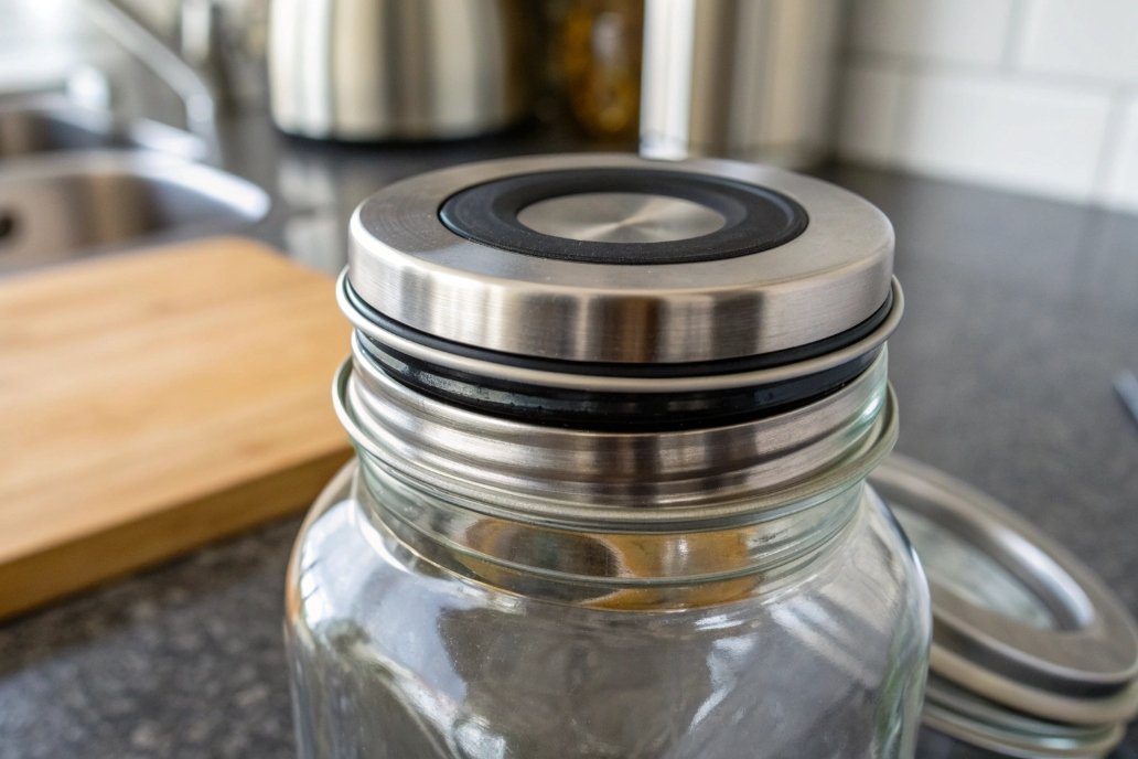 Close-up of airtight jar lid with seal
