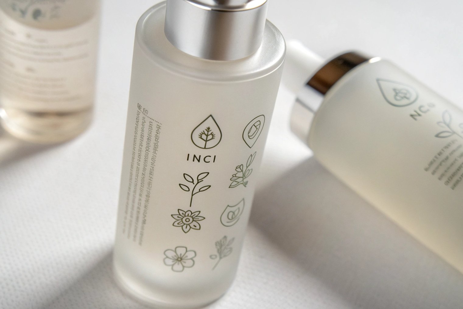 close up of frosted glass skincare bottle with green botanical illustrations and silver cap