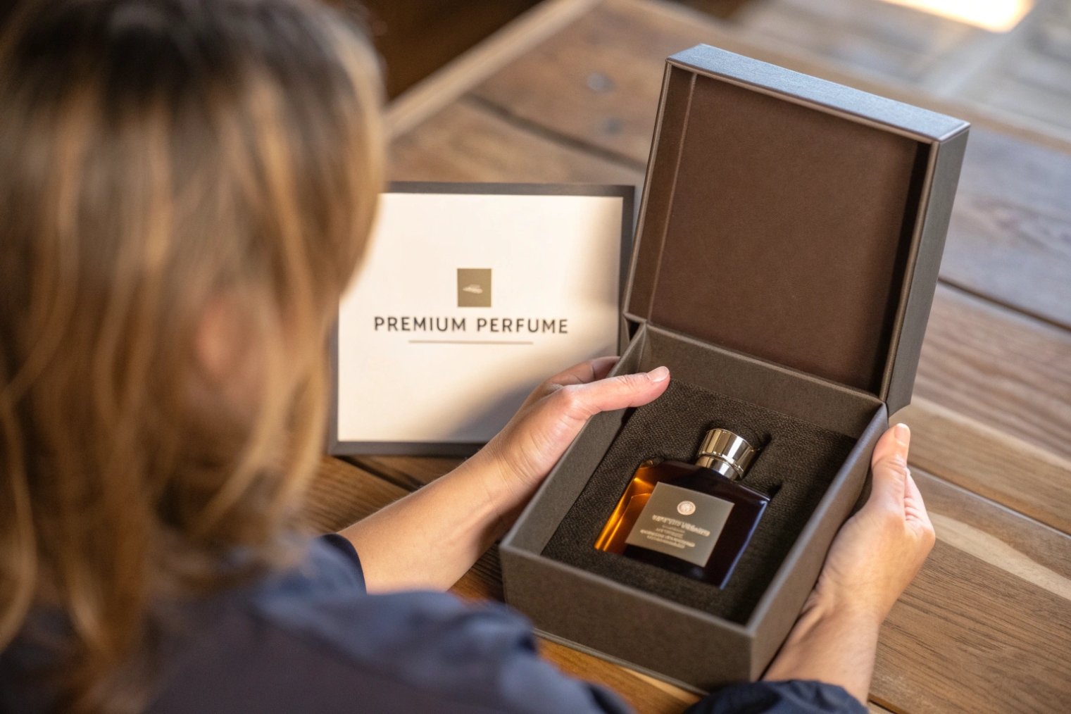 Person opening a hinged rigid box to reveal a single premium perfume bottle cradled in die-cut foam