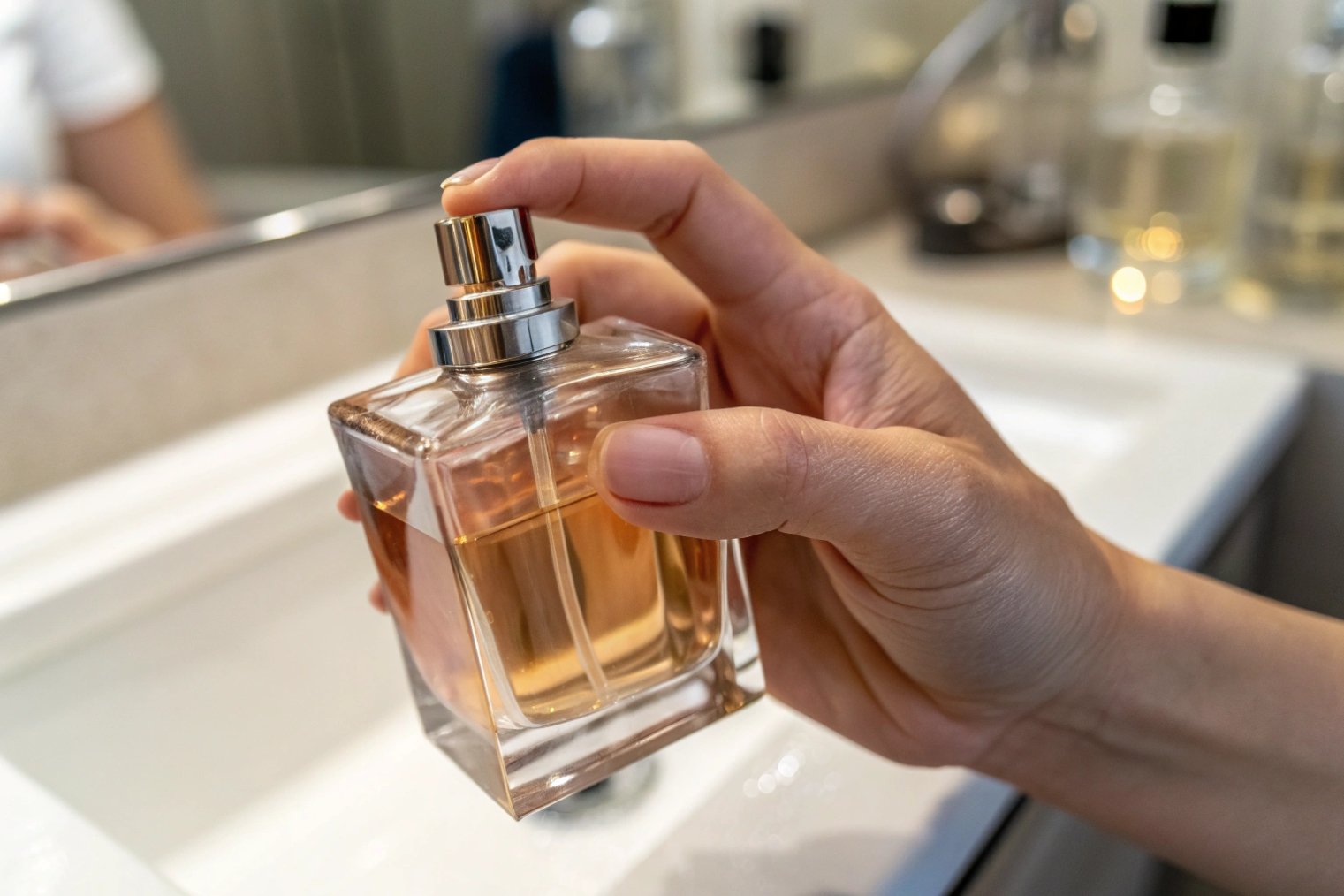 woman hand spraying fragrance from square glass perfume bottle
