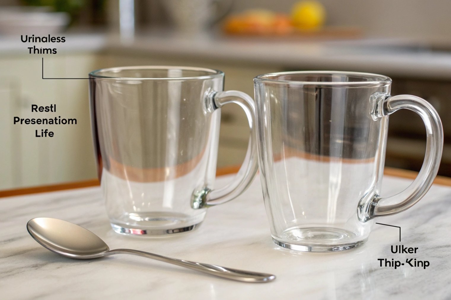 Pair of clear glass coffee mugs on marble counter with annotation lines pointing to rim and base to illustrate different rim thickness and handle joint designs a spoon rests in front