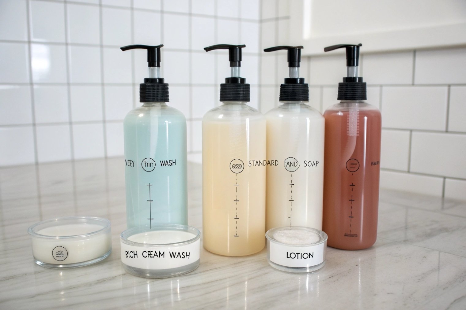 Set of reusable pump bottles and glass jars filled with wash soap and lotion.