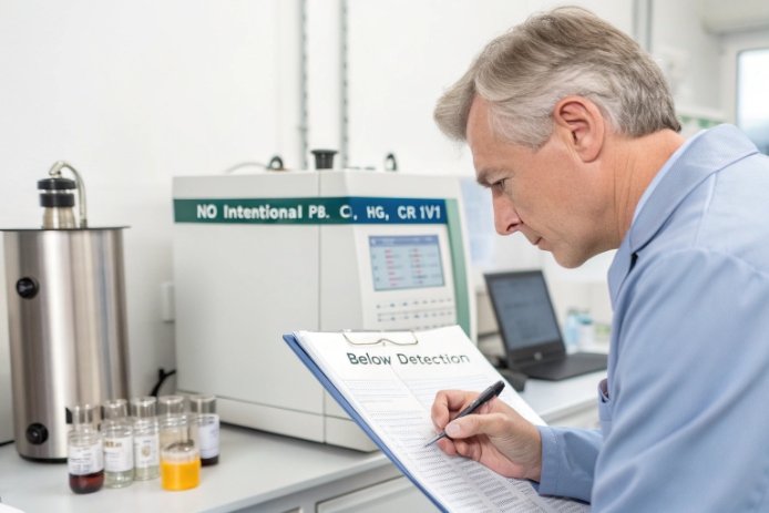 QC/chemist writing on a clipboard in front of an instrument; header mentions “NO intentional Pb, … Hg, Cr …” and the sheet reads “Below Detection,” indicating heavy-metal screening / compliance verification.
