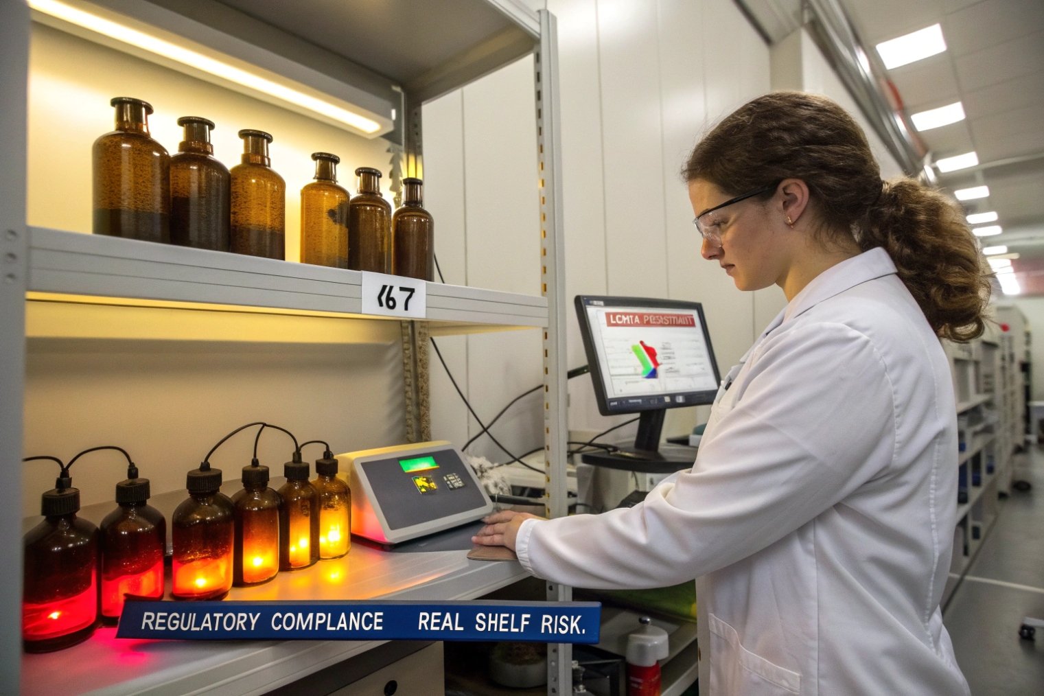 Scientist evaluating illuminated amber bottles on a shelf while monitoring ‘regulatory compliance vs real shelf risk’