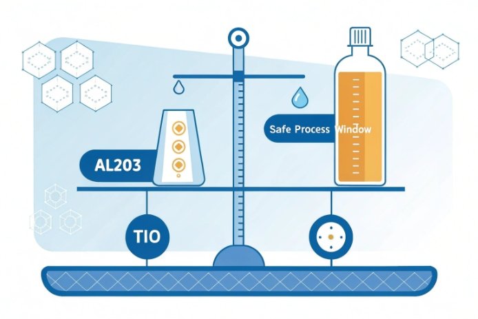 Balance scale diagram compares Al2O3 and TiO effects within a safe process window.