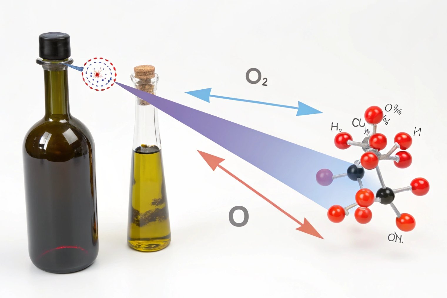 Olive oil bottles with oxygen barrier infographic and oxidation molecule diagram