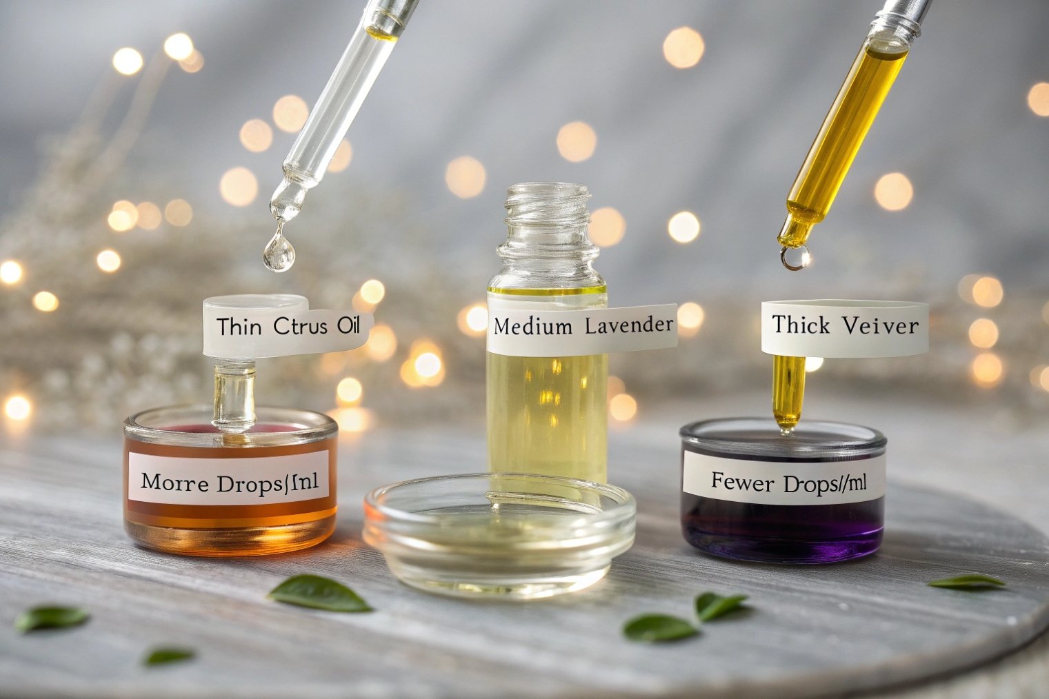 three glass dishes and droppers comparing thin medium thick essential oils by drops