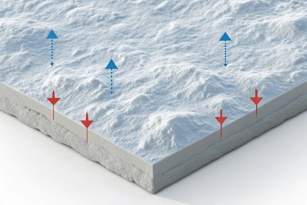 Porous coating layer cross section with arrows showing vapor permeability and protection