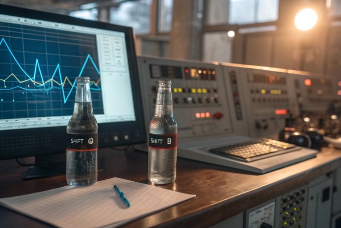 Control-room/lab bench with two sample bottles labeled “Shift A” and “Shift B”, a monitor showing trend graphs, and industrial instrumentation in the background.