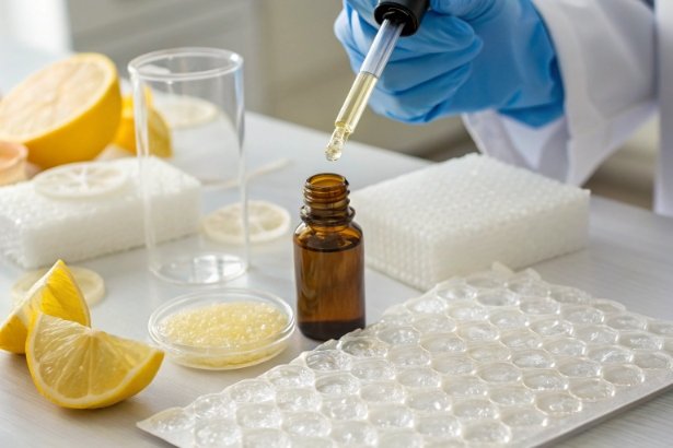 Gloved hand adding liquid to amber bottle with cosmetic ingredients and lab tools