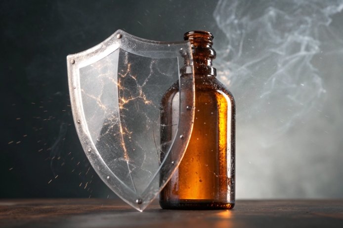 Amber glass pharmaceutical bottle with protective shield concept on dark background