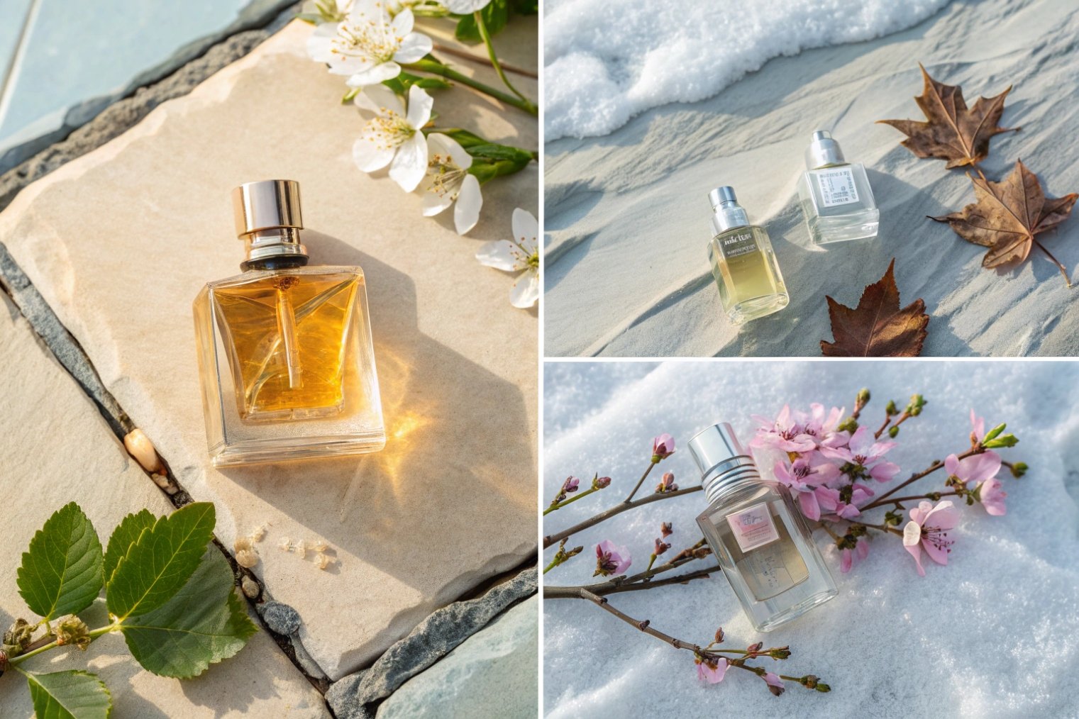 Collage of perfume bottles outdoors with blossoms, snow, and autumn leaves