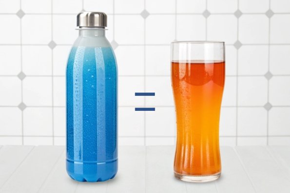 Blue drink bottle equals filled glass concept showing beverage portion comparison and packaging use