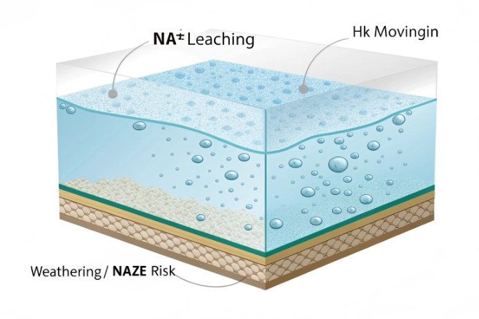 Cross-section graphic of Na+ leaching and weathering risk in glass surface layer