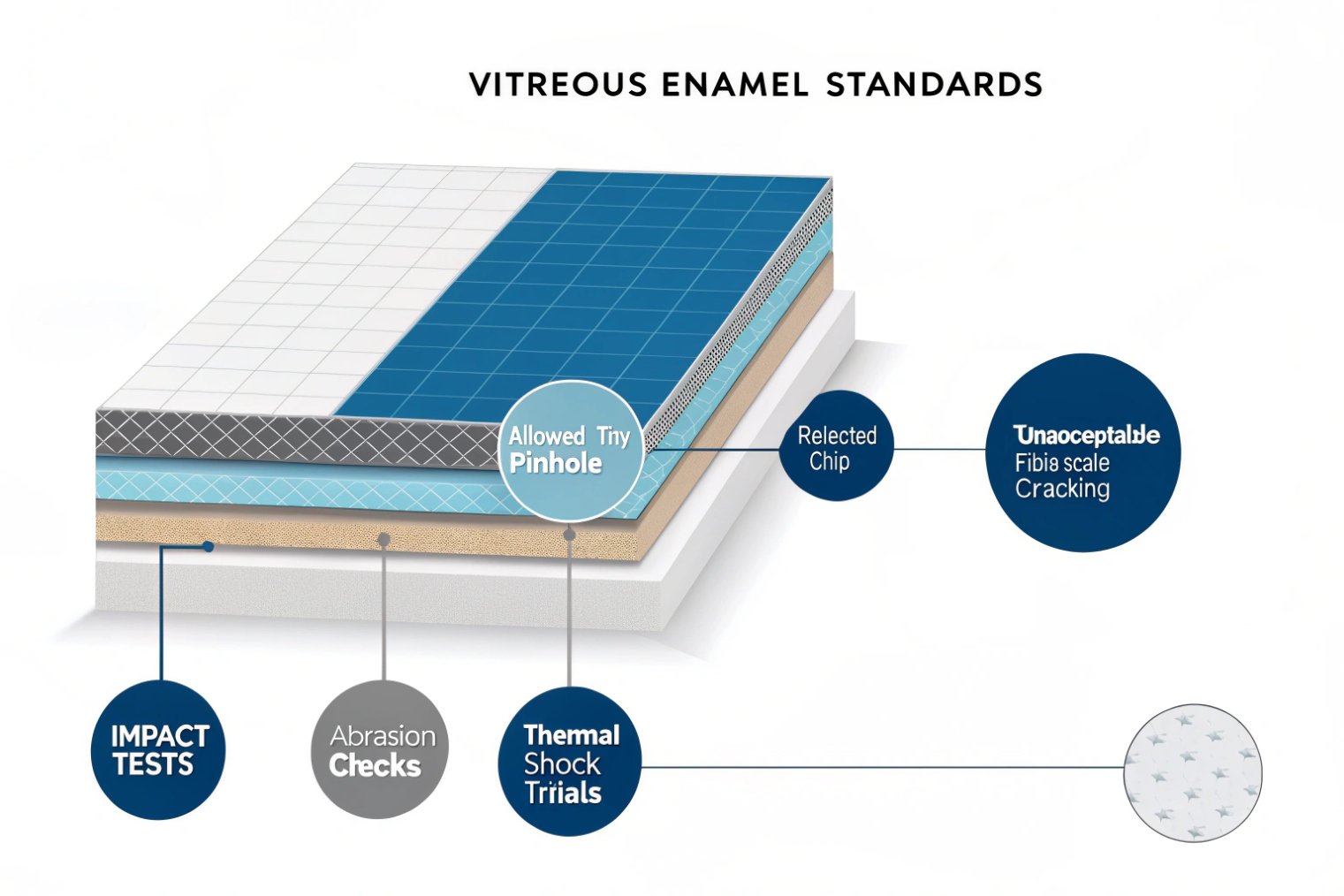 Diagram of vitreous enamel coating layers and quality standards for acceptable surface defects