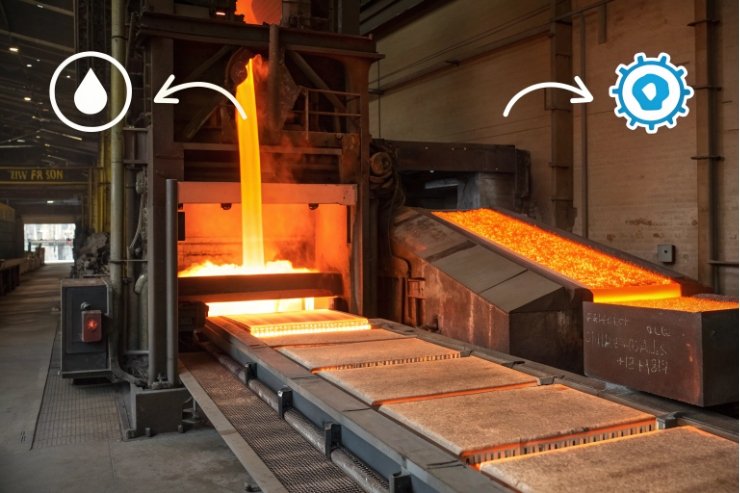 Molten glass flowing from furnace onto forming line in bottle factory