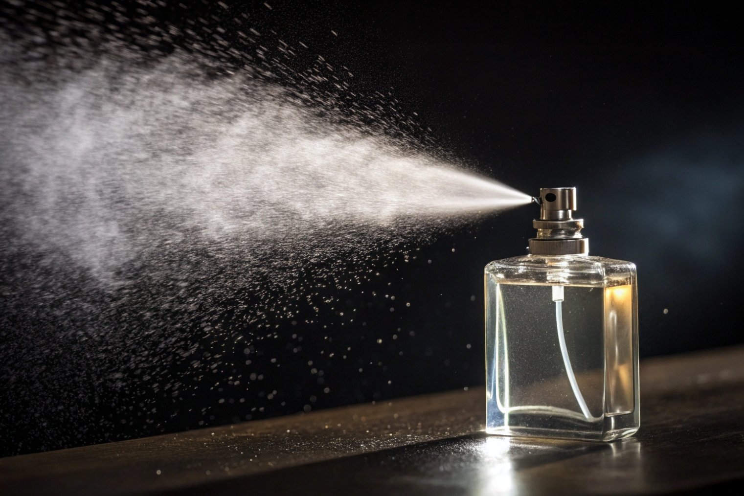 square glass perfume bottle spraying fine fragrance mist against dark background