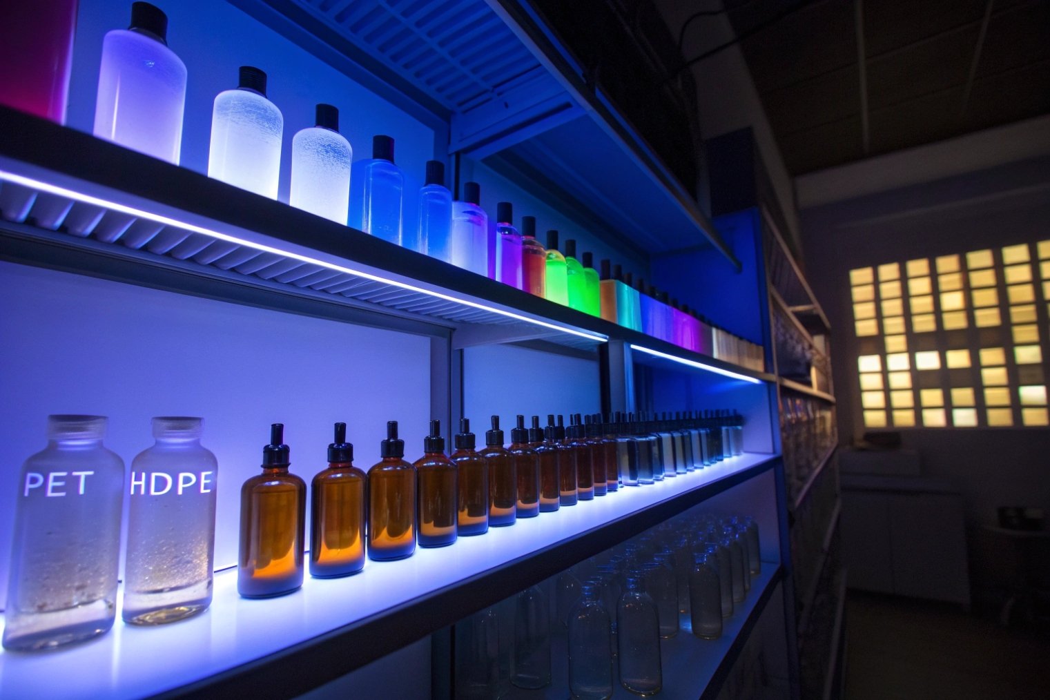 PET plastic and amber glass bottles on UV stability testing shelves