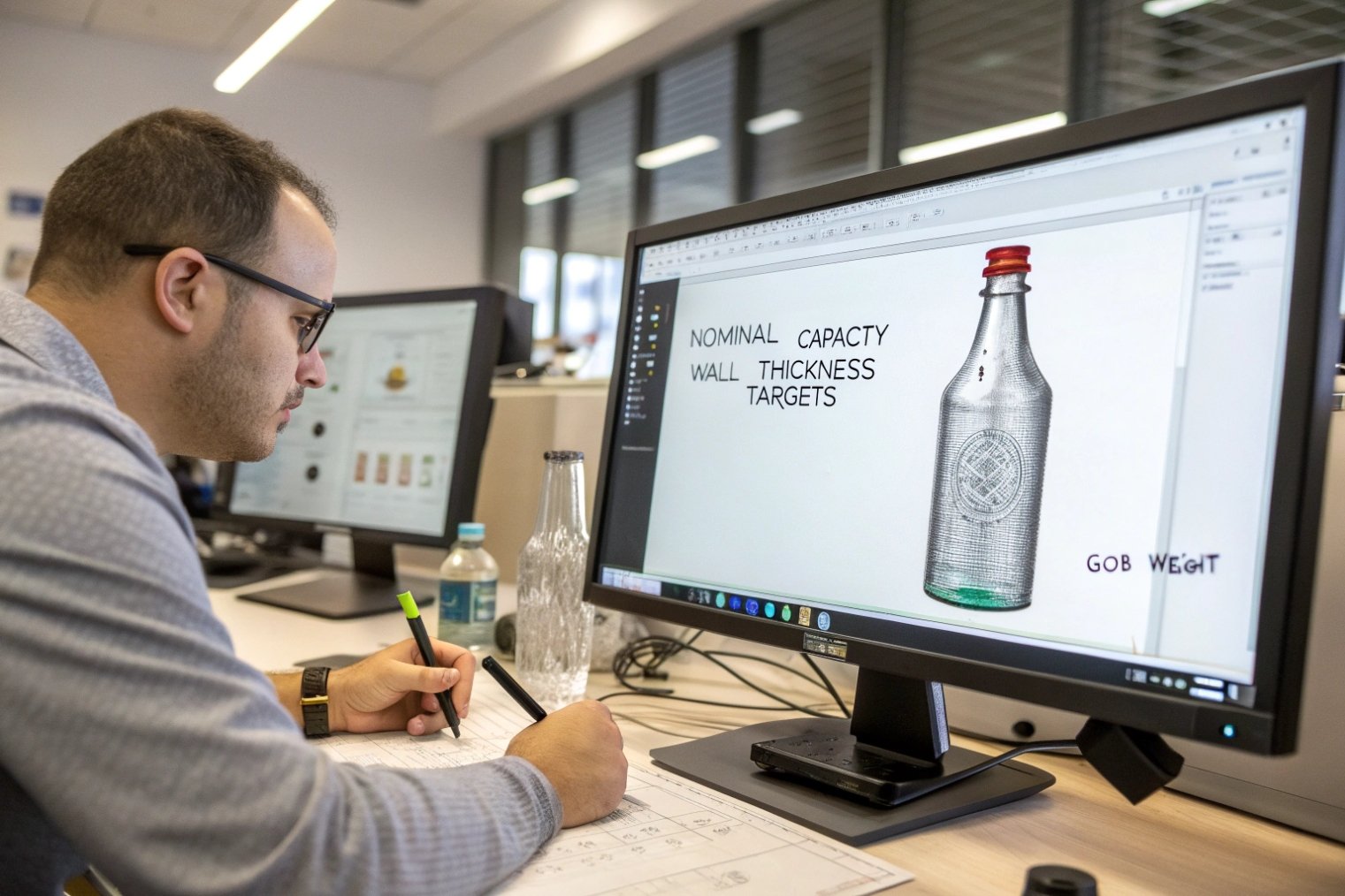 Glass packaging engineer designing bottle capacity and wall thickness on CAD software