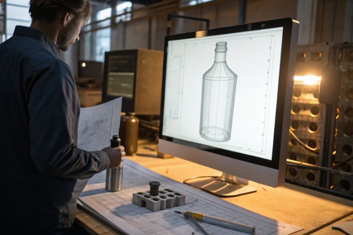 Engineer modeling custom glass bottle design on computer with blueprints and prototype sample