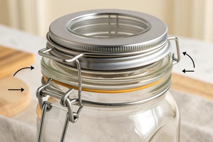 Clear clip top glass jar with metal swing lid and sealing gasket detail