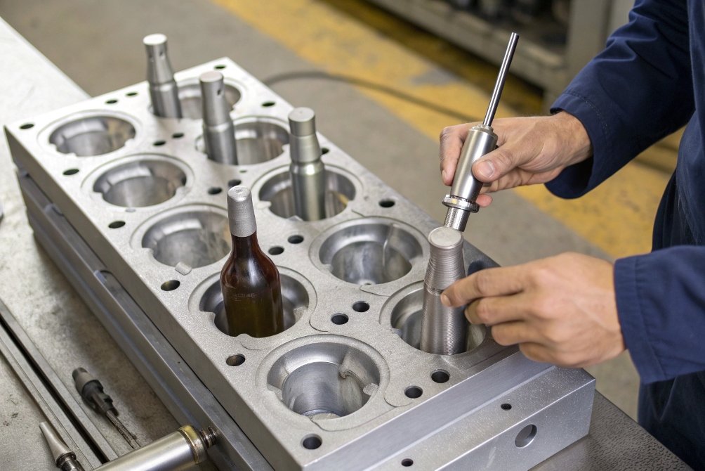 Technician assembling multi cavity glass bottle forming mold in workshop