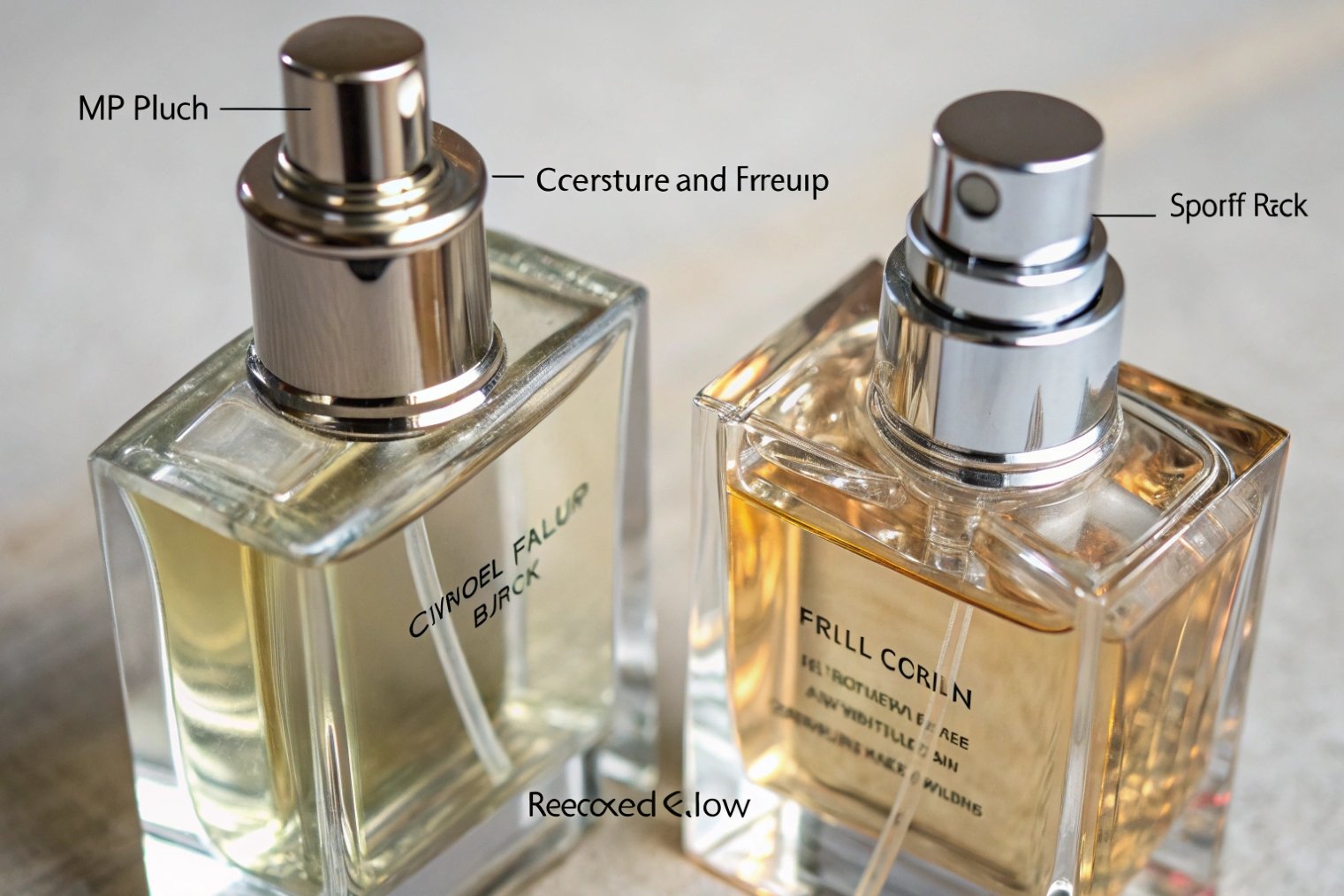 close up of two luxury glass perfume spray bottles with metal pumps
