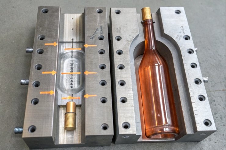 Open metal mold set with amber glass bottle and arrowed design features