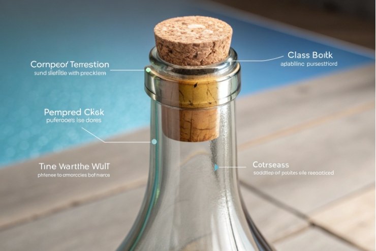 Close up of cork closure on premium glass bottle with highlighted features