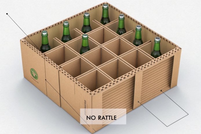 Cardboard case with dividers securing green bottles, preventing movement and eliminating rattle in transit.
