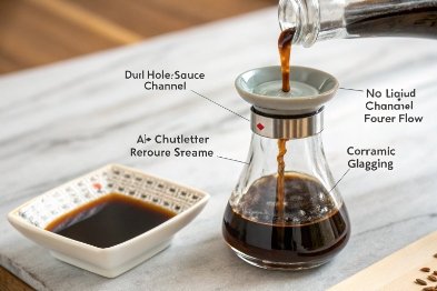 Drip-proof soy sauce glass bottle with controlled pour spout over dipping dish