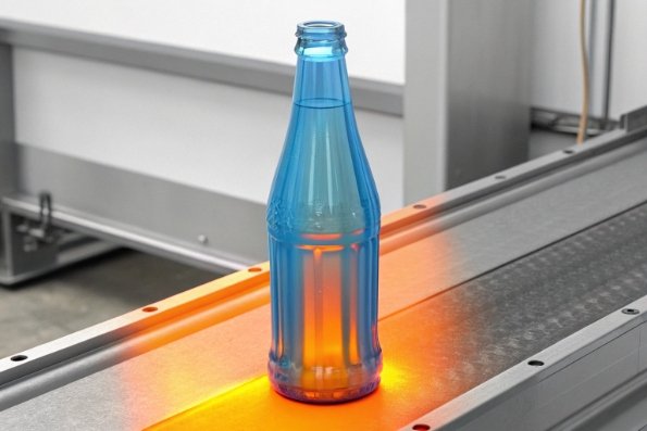 Blue glass bottle on conveyor under orange inspection light in bottling plant