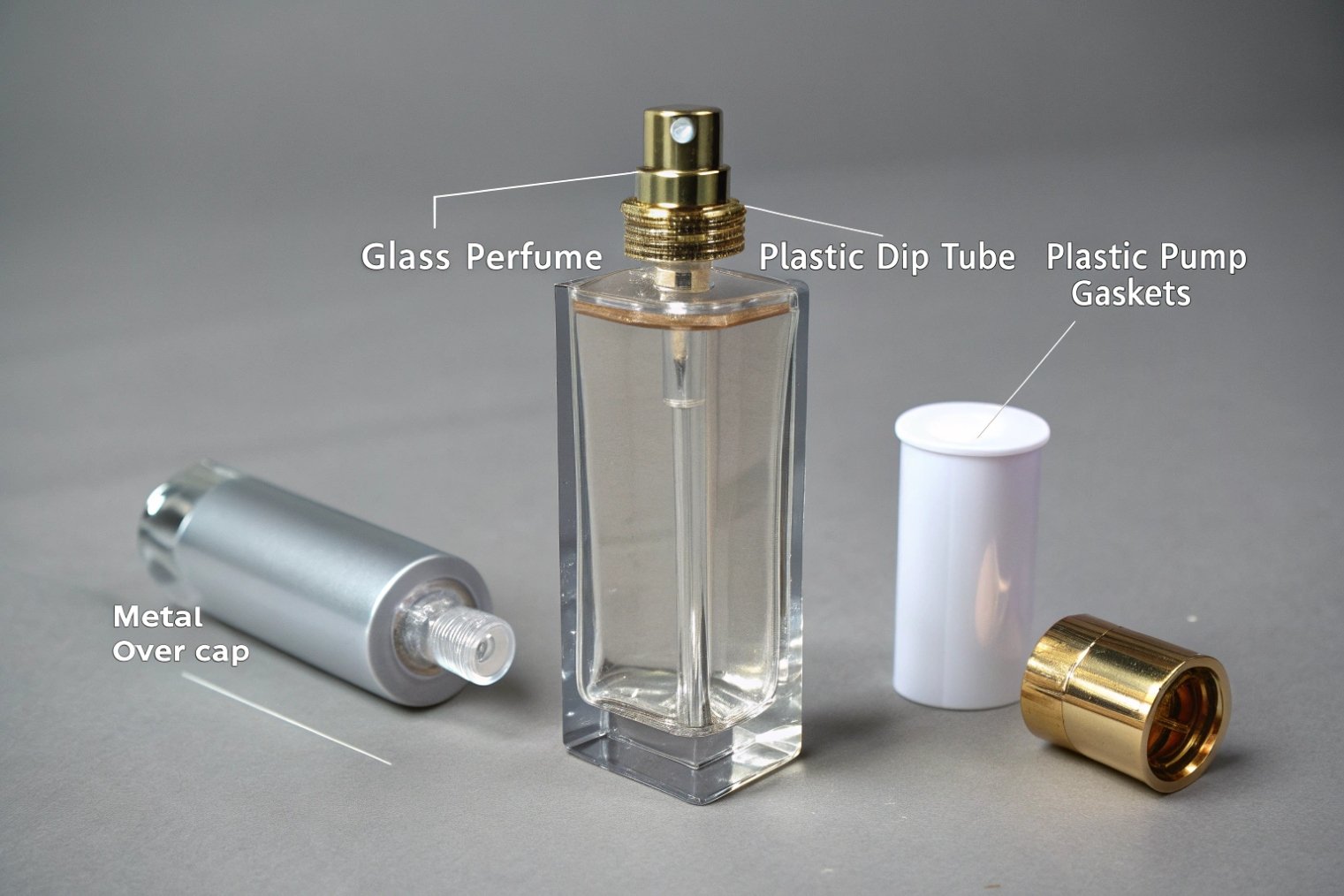 Disassembled square perfume atomizer showing the filled glass bottle with pump attached, plus separate plastic dip tube and gaskets, and a metal over-cap lying beside it