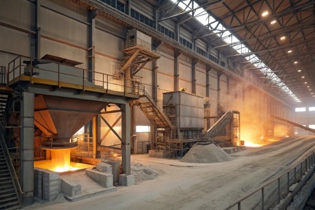 Glass furnace production Industrial glass furnace hall with molten glass and raw material piles in factory