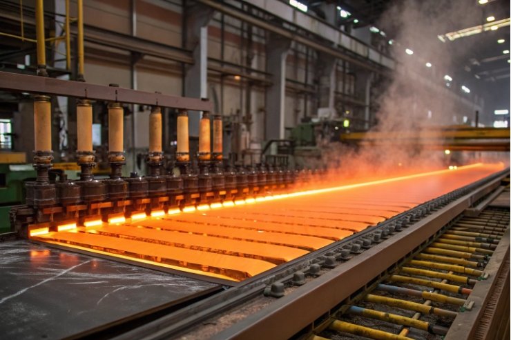 Hot float glass ribbon on production line with rollers and cooling steam.