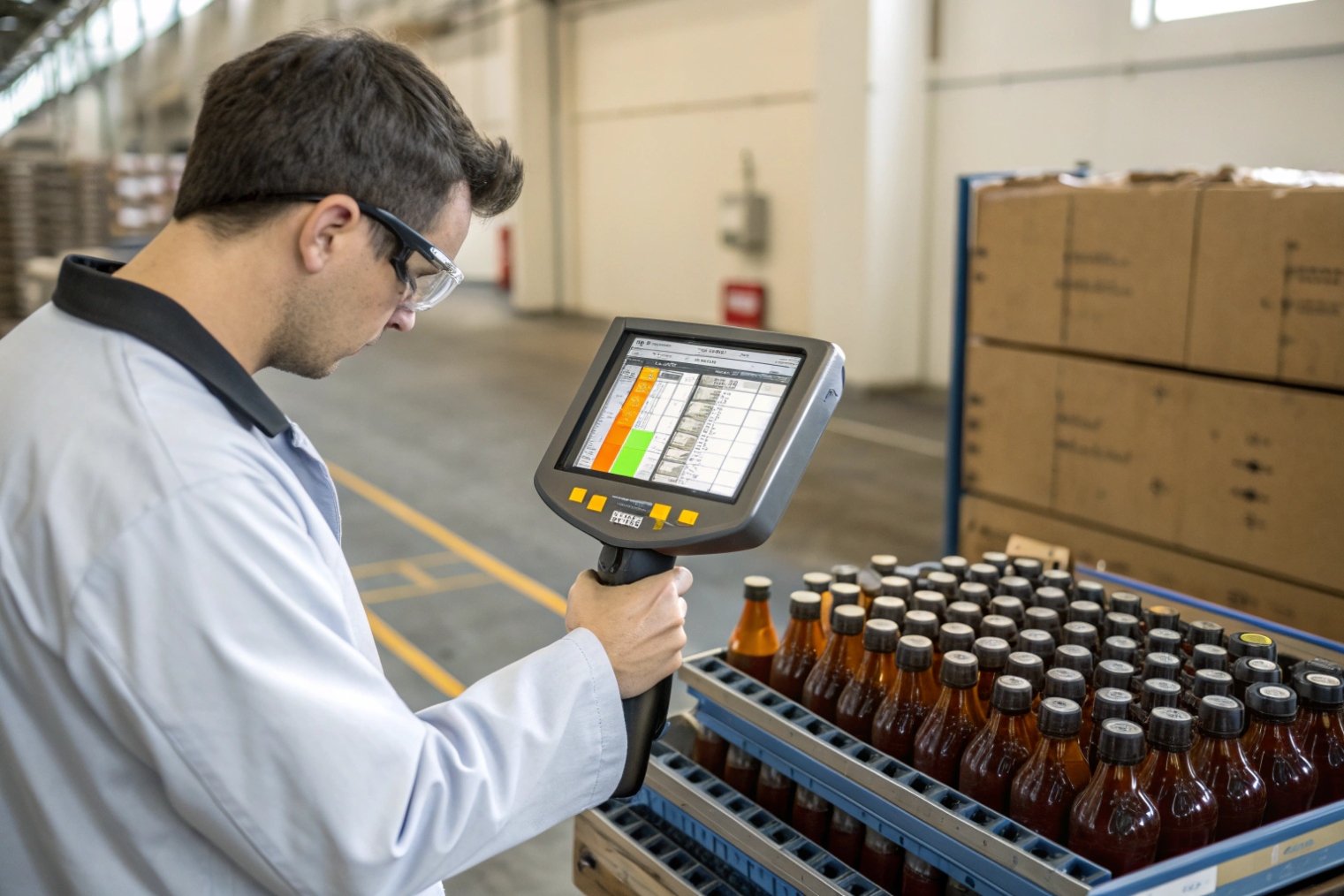 Technician inspecting amber glass bottles with handheld device in beverage factory warehouse