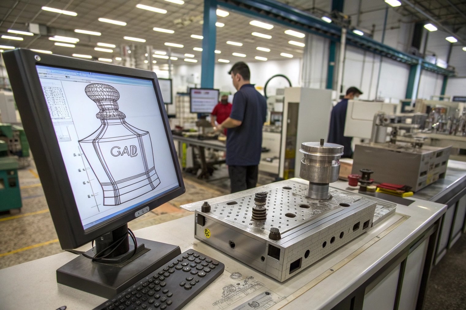 Factory CAD station showing a 3D drawing of a decorative perfume bottle next to steel tooling on the bench