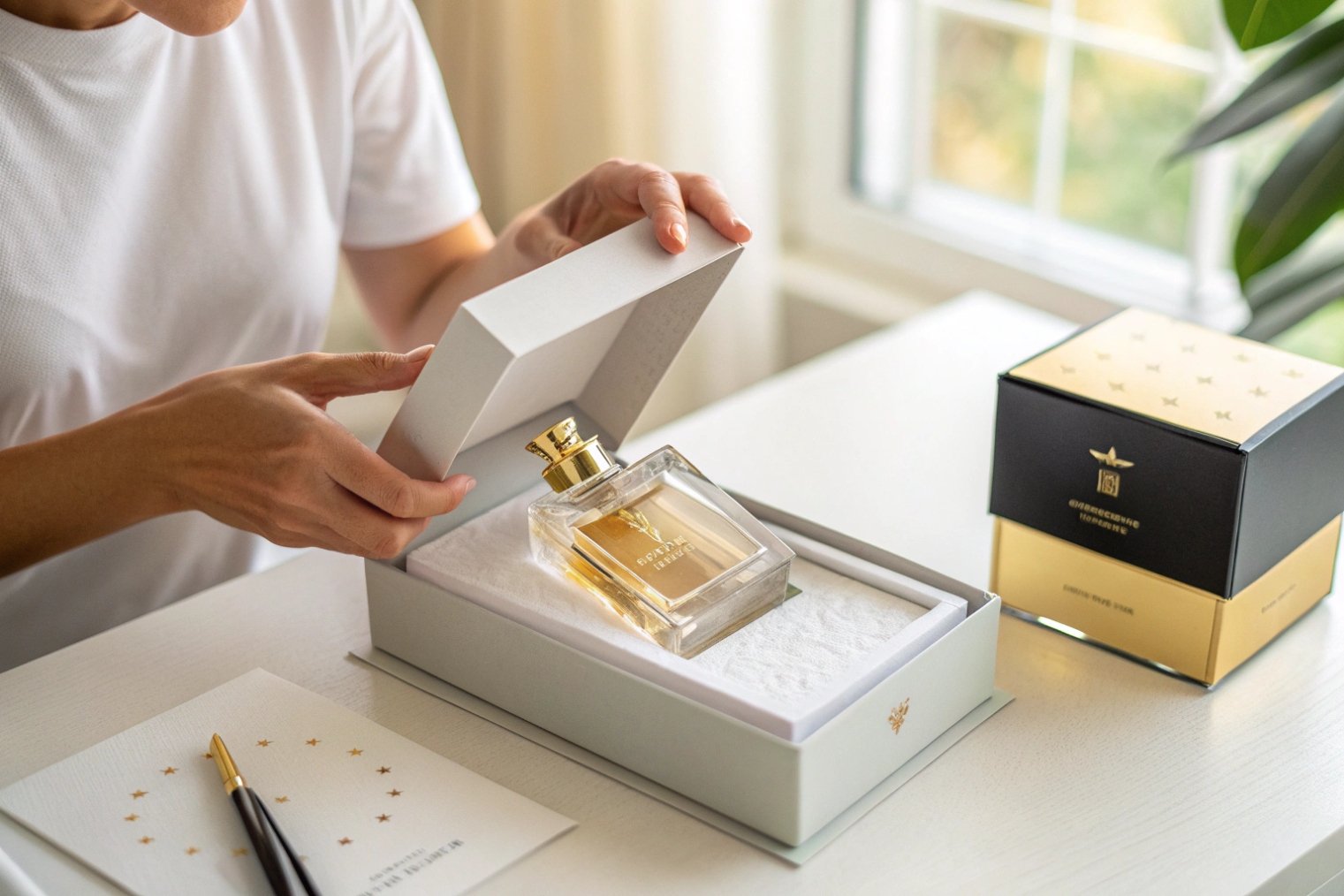 hands opening luxury glass perfume bottle gift box on bright desktop near window