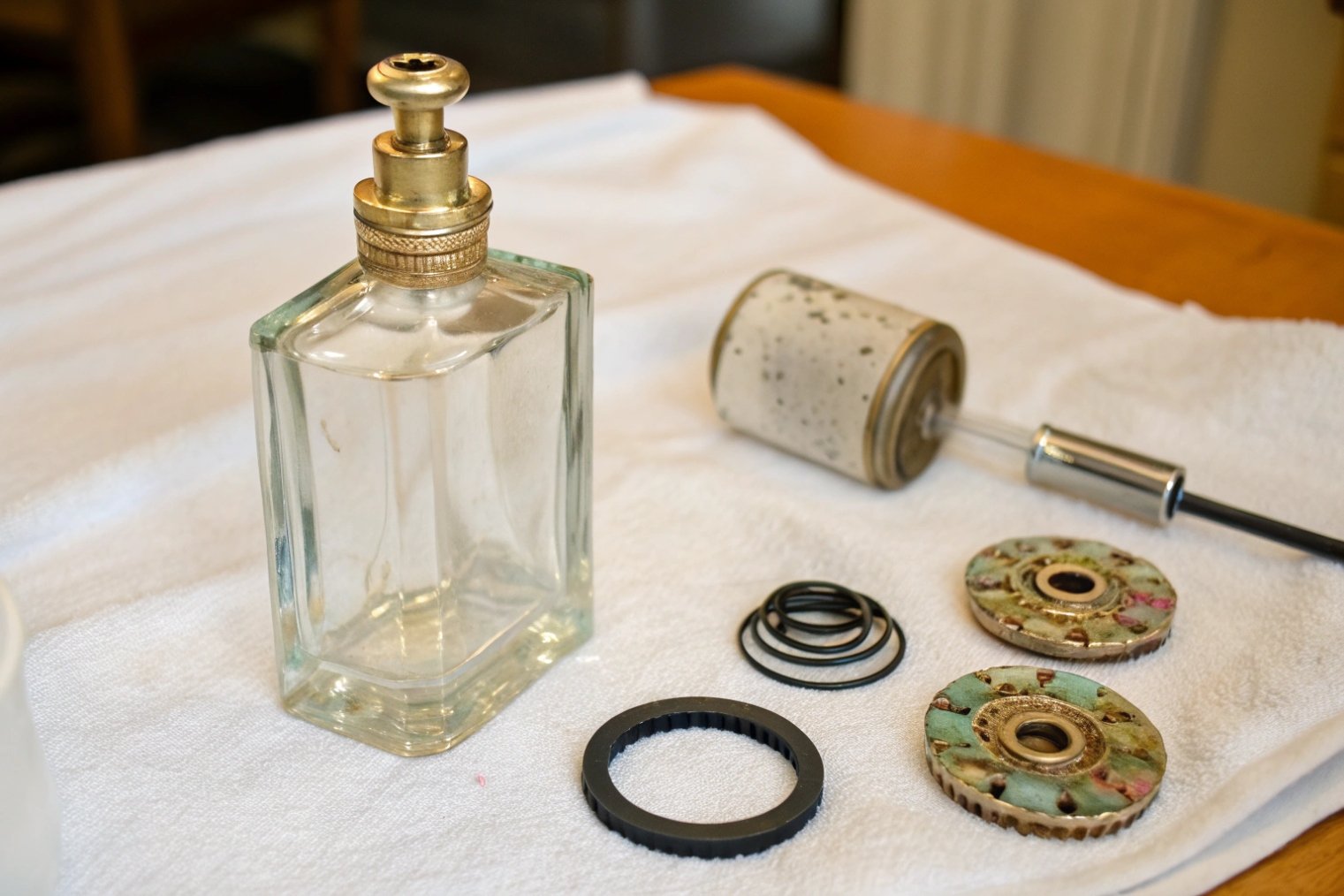 vintage square glass perfume bottle disassembled with metal pump parts and gaskets on cloth