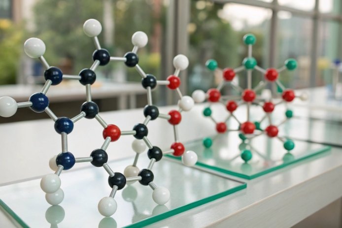 Molecular structure models displayed on glass plates in laboratory setting with soft daylight