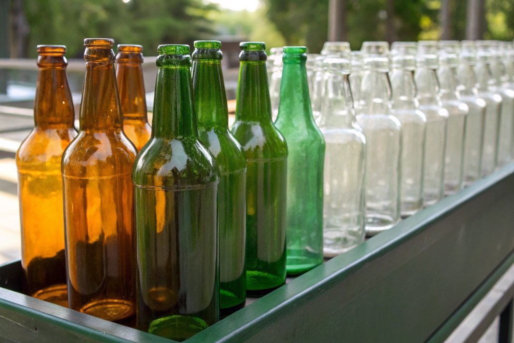 Assorted glass bottles in green, amber, and clear shades