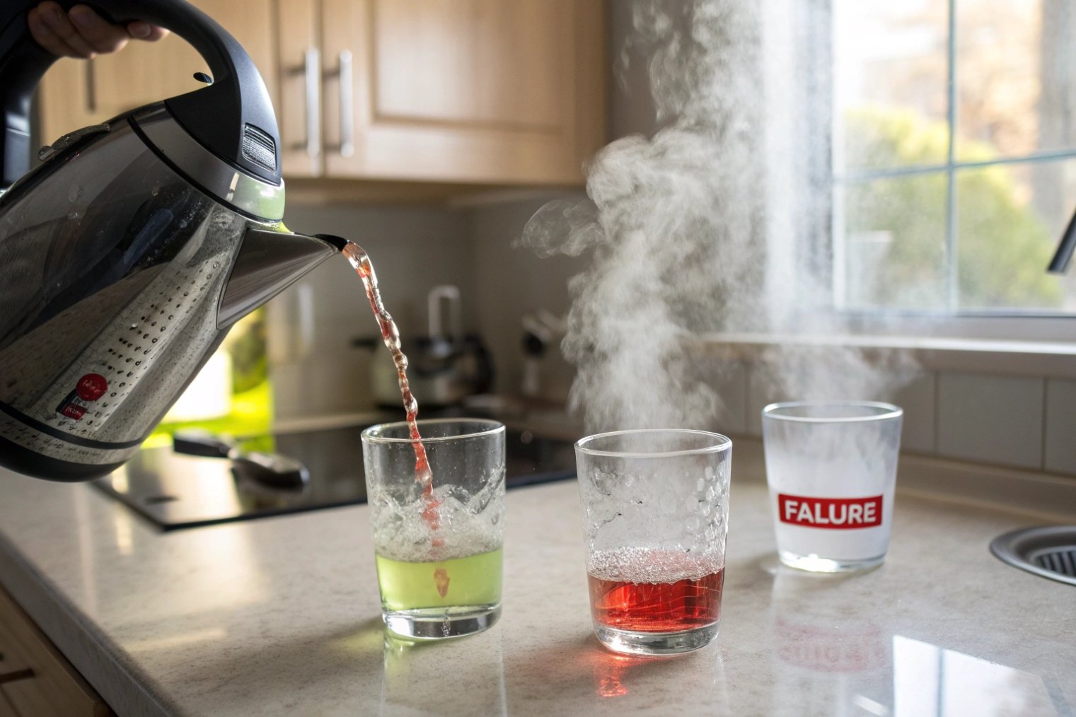 Boiling water poured into heat-resistant glass tumbler during thermal shock test