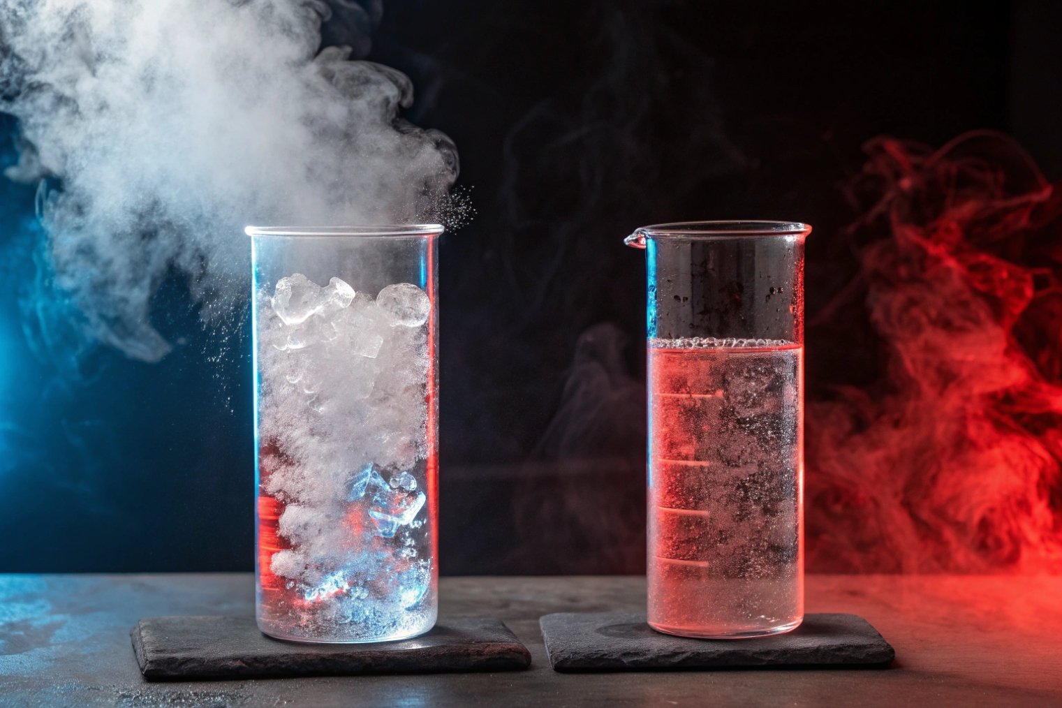 Borosilicate glass beakers with ice and boiling water thermal shock test